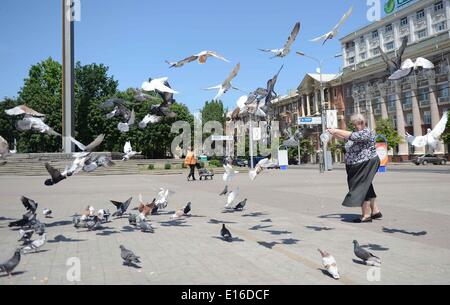 Donezk, Ukraine. 24. Mai 2014. Eine Frau füttert Tauben am Lenin-Platz in Donezk, Donezk, Ukraine, 24. Mai 2014. Keine Anzeichen einer Kräfteverschiebungen Wahl ist in Donezk bisher gesehen. Ukriane wird die Präsidentschaftswahlen auf 25 Mai begrüßen zu dürfen. Bildnachweis: Sadat/Xinhua/Alamy Live-Nachrichten Stockfoto