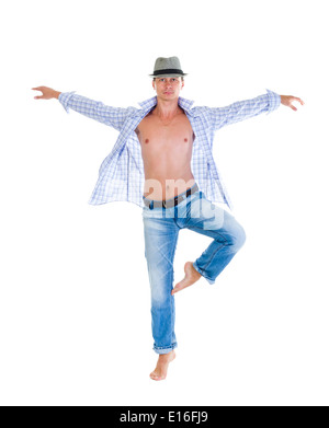Hip Hop Tänzer springen auf weißem Hintergrund Stockfoto