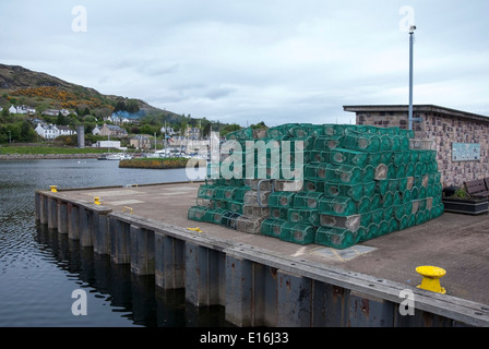 Grüne & weißen Hummer Töpfe Tarbert Hafen Argyll gestapelt Stockfoto