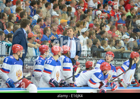 Oleg ZNAROK (C) Head Coach von Russland im Jahr 2014 IIHF Eishockey Weltmeisterschaft Halbfinale Stockfoto