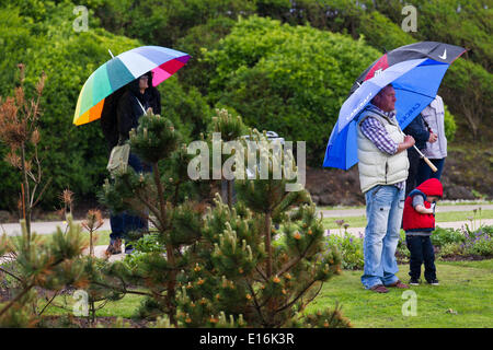 Fleetwood, Lancashire, UK.   24. Mai 2014.   Zuschauer, die Zuflucht vor dem Regen im Dizzy Heights, Marine Hall Gardens & Esplanade.   Ein Familienfest feiern Fleetwoods hochgesteckte Ziele, die Strandpromenade zu verwandeln.  Ein Tauchen Weltrekordversuch, eine Seilrutsche über die Promenade, einen Besuch von einer britischen Tauchen, die Olympioniken und einige irrsinnig Pflaster Kunst sind, was an Fleetwoods Uferpromenade ist.   Schwindelerregende Höhen ist eine Hommage an die Stadt höhere Ziele, als der offizielle Startschuss für die £1. 5m fünf für Fleetwood Schema.  Bildnachweis: Cernan Elias/Alamy Live-Nachrichten Stockfoto