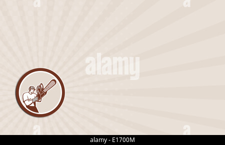 Visitenkarte zeigt Abbildung der Holzfäller Baumpfleger Baumpfleger mit einer Kettensäge set in einem Kreis auf isolierte weiß Stockfoto