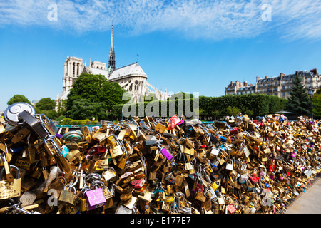 Liebesschlösser entlang Pont de l'Archevêché unterhalb der Kathedrale Notre Dame, Paris Frankreich entlang Ufer Stockfoto