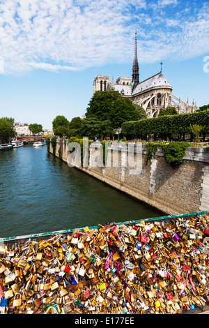 Liebesschlösser entlang Pont de l'Archevêché unterhalb der Kathedrale Notre Dame, Paris Frankreich entlang Ufer Stockfoto