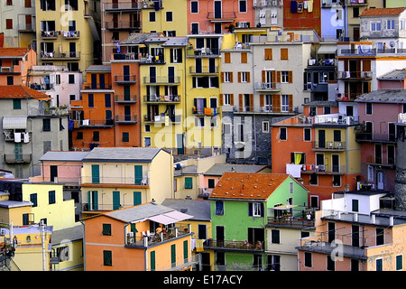 Typische ligurische Häuser in Manarola, Cinque Terre, Italien. Stockfoto