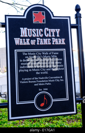 Ein Schild am Musik Walk of Fame Stadtpark beschreibt den Veranstaltungsort in Nashville, Tennessee Stockfoto