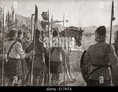 Robert the Bruce seine Truppen vor der Schlacht von Bannockburn, 24 Juni 1314 zu überprüfen. Stockfoto