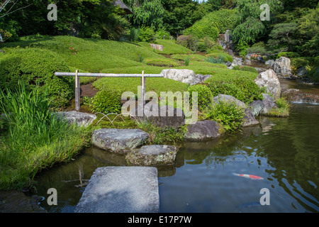 Taizoin moderne Teich Garten Yoko-En ist Garten mit einem Strom bummeln, die entlang der Hauptachse, flankiert von Azalee Kaskaden Stockfoto