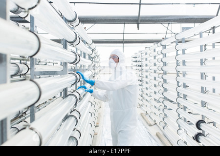 Ingenieur in sauberen Anzug Rohre im Labor untersuchen Stockfoto