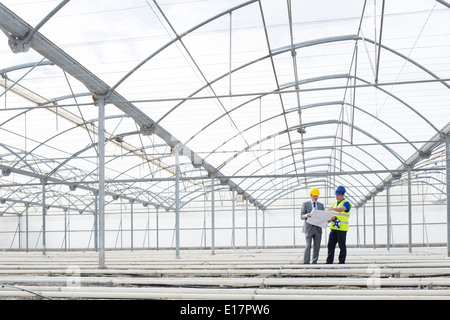 Architekt und Ingenieur Überprüfung Blaupause in leere Gewächshaus Stockfoto