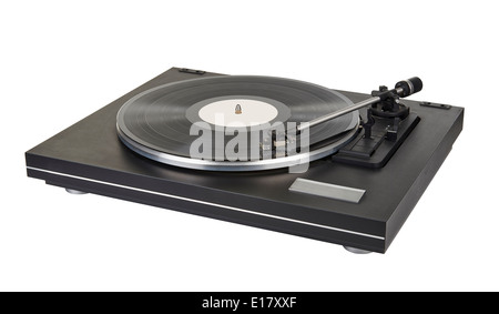 Vinyl-Player auf weißem Hintergrund, Clipping-Pfad für den Plattenspieler und den Pfad für das Label auf vinyl Stockfoto