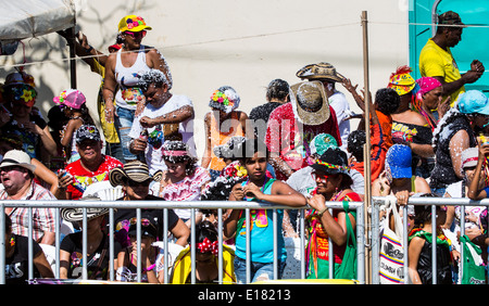Barranquilla, Kolumbien - 1. März 2014 - Zuschauer sehen die Battalia de Flores Parade während der Karneval de Barranquilla. Stockfoto