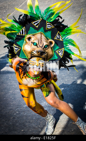 Barranquilla, Kolumbien - 1. März 2014 - Darsteller in aufwendigen Kostümen zu singen, tanzen Sie und spazieren Sie ihren Weg durch die Straßen von Barranquilla während der Battalla de Flores. Der Höhepunkt der Karneval de Barranquilla Paraden. Stockfoto
