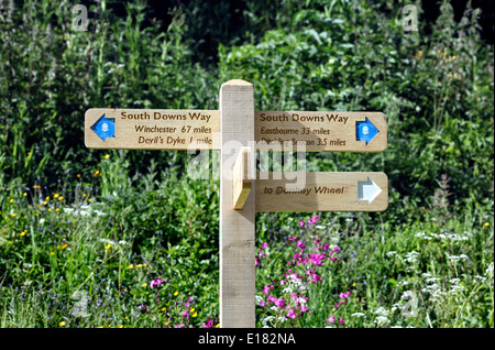 (Stand: 2014) neue hölzerne Wegweiser auf der South Downs Way in Saddlescombe, West Sussex. Stockfoto