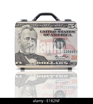 Business-Koffer für die Reise mit Reflexion und 50 Dollar Note - clipping-Pfad Stockfoto