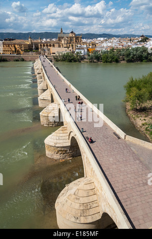 Blick über den Fluss Guadalquivir und die römische Brücke, die Kathedrale und Altstadt von Córdoba, Andalusien, Spanien Stockfoto