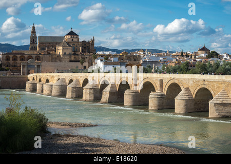 Blick über den Fluss Guadalquivir und die römische Brücke, die Kathedrale und Altstadt von Córdoba, Andalusien, Spanien Stockfoto