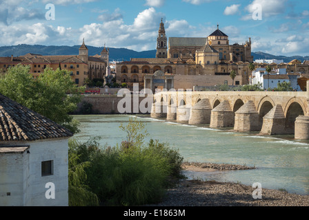 Blick über den Fluss Guadalquivir und die römische Brücke, die Kathedrale und Altstadt von Córdoba, Andalusien, Spanien Stockfoto