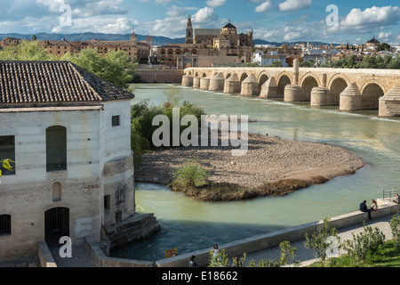 Blick über den Fluss Guadalquivir und die römische Brücke, die Kathedrale und Altstadt von Córdoba, Andalusien, Spanien Stockfoto