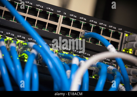 Großes Netzwerkhub und blauen angeschlossenen Kabel Stockfoto