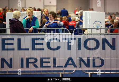 Belfast, Nordirland. 26. Mai 2014. Zählung des Beamten nehmen eine Pause während der Zählung in der Kings Hall Graf Mitte, Stockfoto