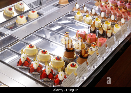 State Of The Art Mousse Kuchen auf dem Display an berühmte japanische Patisserie shop HIDEMI SUGINO in Kyobashi, Tokio, Japan. Stockfoto