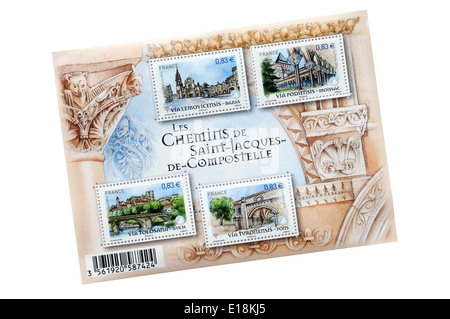 Ein Blatt der französischen Gedenk Briefmarken feiert der Pilgerroute nach Santiago De Compostela. Stockfoto