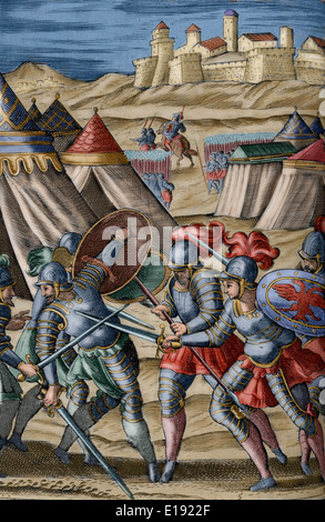 Torquato Tasso (1544-1595). Italienischer Dichter. La Gerusalemme Liberata (Jerusalem geliefert), 1580. Gravur. Farbige. Stockfoto