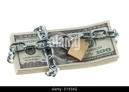 Dollar Geldscheine Mit Schloss Und Kette. Geldstapel F¸r Sicherheit Und Geldanlage. Stockfoto