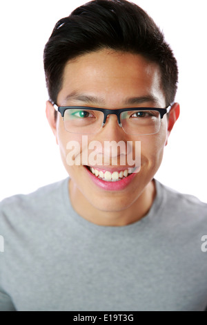 Closeup Portrait des asiatischen glücklich auf weißem Hintergrund Stockfoto