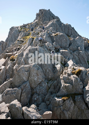 Scrambler aufsteigend von der Kerbe auf den Nordturm auf Tryfan Nordgrat - eine beliebte Gerangel in Snowdonia Stockfoto