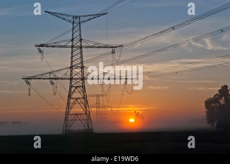 Strommasten und Kernkraftwerk Temelin Stockfoto