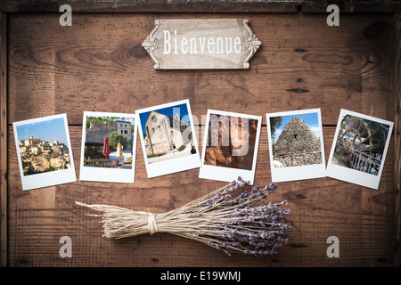 Vintage Bilderrahmen mit Lavendel, Sighn und Fotos von Südfrankreich Stockfoto