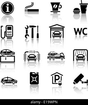 Autodienst set Piktogramme. Symbole am Straßenrand Dienstleistungen. Tankstelle-Symbole Stock Vektor