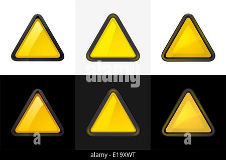 6 farbige leeres Dreieck-Web 2.0-Taste eingestellt. Glatte satinierte Formen auf weißen & schwarzen Hintergrund Stock Vektor