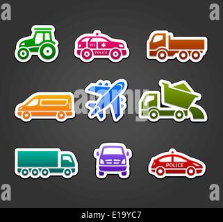 Eingestellt von klebrigen Aufklebern, farbige Icons zu transportieren, Vektor-illustration Stock Vektor