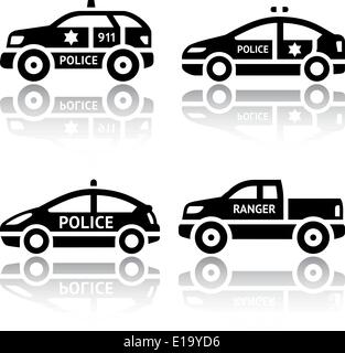 Set von Transport Icons - Polizeiautos. Silhouetten von Vektor-Illustrationen isoliert auf weißem Hintergrund, mit Reflexion. Stock Vektor