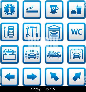 Satz Piktogramme. Autodienst. Tankstelle. Symbole am Straßenrand Dienstleistungen. Stock Vektor