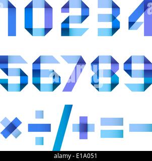 Spektrale Zahlen gefaltete Papier Blue Ribbon - arabische Ziffern (0, 1, 2, 3, 4, 5, 6, 7, 8, 9). Stock Vektor