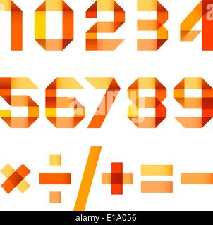 Spektrale Briefe gefalteten Papier orange Ribbon - arabische Ziffern (0, 1, 2, 3, 4, 5, 6, 7, 8, 9). Stock Vektor