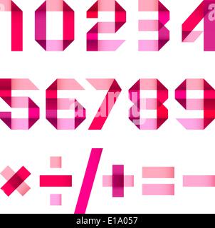 Spektrale Briefe gefalteten Papier rosa & Magenta Ribbon - arabische Ziffern (0, 1, 2, 3, 4, 5, 6, 7, 8, 9). Stock Vektor