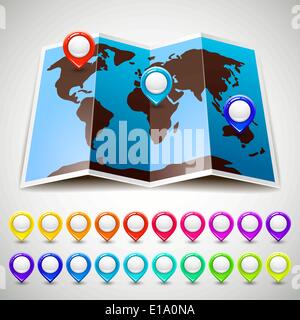 Weltkarte mit bunten Pin-Zeiger-Position. Vektor-Illustration-10eps Stock Vektor