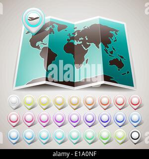 Weltkarte mit Pin-Zeiger-Position auf einem grauen Hintergrund. Vektor 10eps Stock Vektor