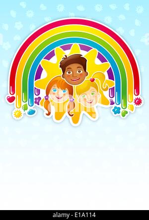 Drei glückliche Kinder in einen Regenbogen und die Sonne - Vorlage Stock Vektor