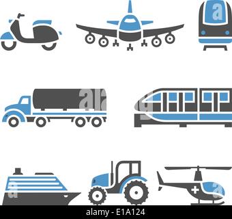Symbole - eine Reihe von Zehntel zu transportieren. Vektor-Illustrationen, Silhouetten, die isoliert auf weißem Hintergrund gesetzt. Bicolor (blau- und Grautönen col Stock Vektor