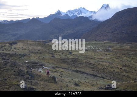 Ein Blick auf das Tal von Huacahuasi von Ipsacocha auf den Lares Trek in den Anden in der Nähe von Cusco, Peru Stockfoto