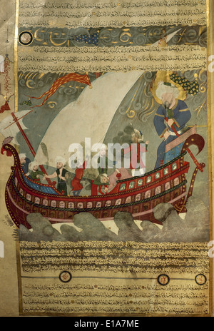 Islamische Kunst. Miniatur. Flut. Noahs Arche umkreisen der Kaaba (Mekka). Museum für türkische und islamische Kunst. Turkei Stockfoto