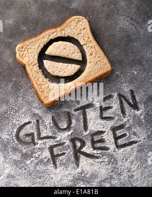 Glutenfreies Brot mit Symbol und Beschriftung in Mehl geschrieben. Stockfoto