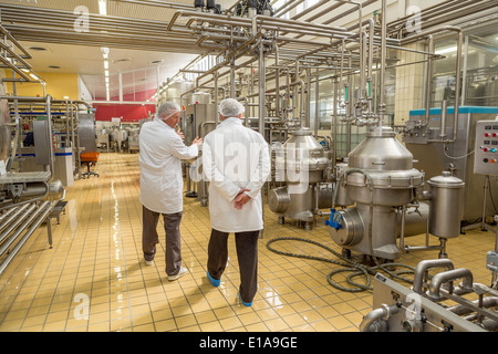 Arbeitnehmer bei der Molkerei-Fabrik. MS Molkereien, Selfoss, Island. Stockfoto