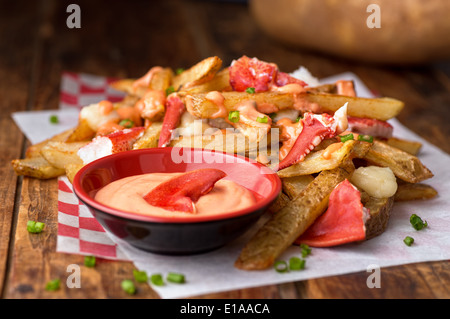 Eine dekadente Hummer Poutine mit Hummer, Heimat gemacht Pommes frites, Käsebruch, Spezialsauce und Frühlingszwiebeln. Stockfoto